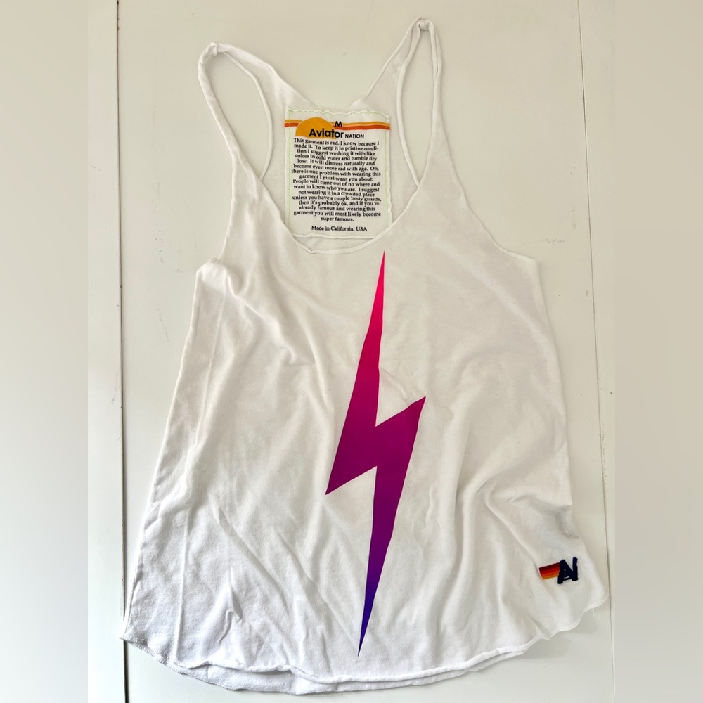 Aviator Nation Lightning Bolt Tank White Pink Purple Size M